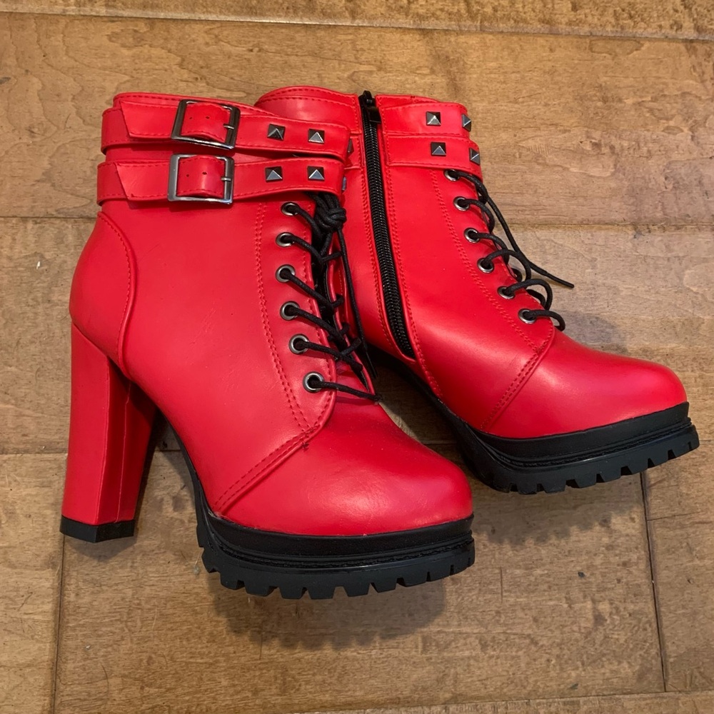 Red Lace-Up with zipper heeled Boots